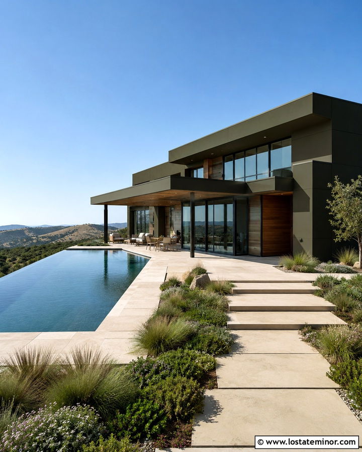 Olive Green Contemporary House With Infinity Pool - 30 Olive Green House Design With Swimming Pool Ideas