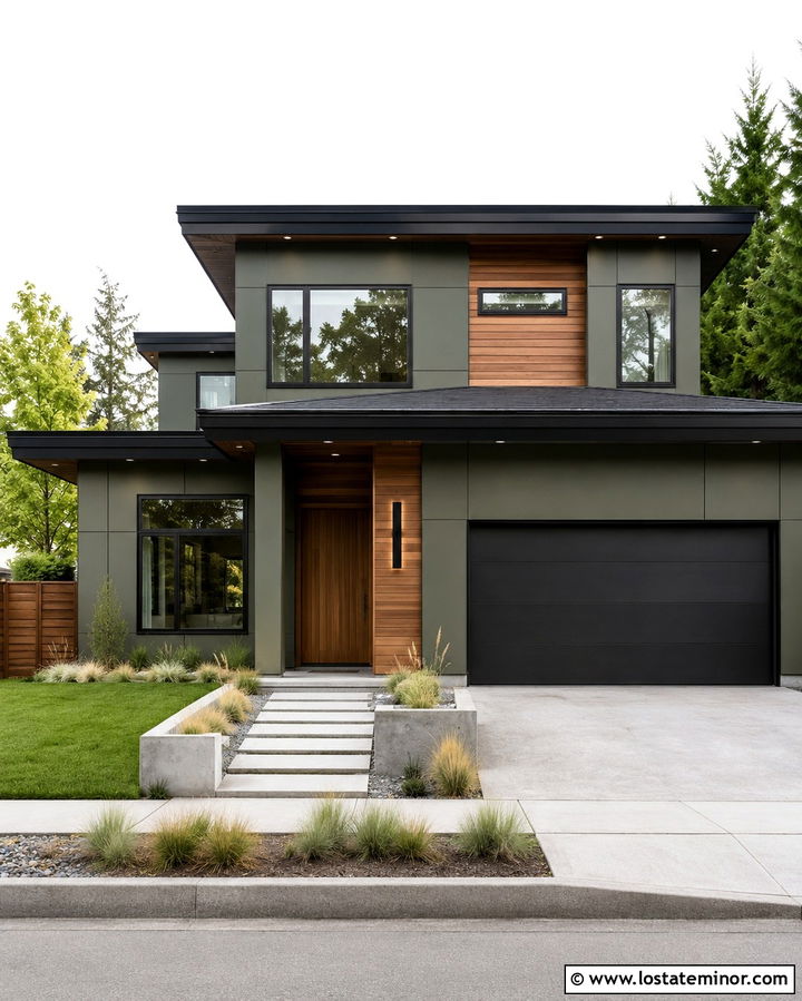 Olive Green Contemporary House With Recessed Lights - 30 Olive Green House Design With Light Fixtures Ideas