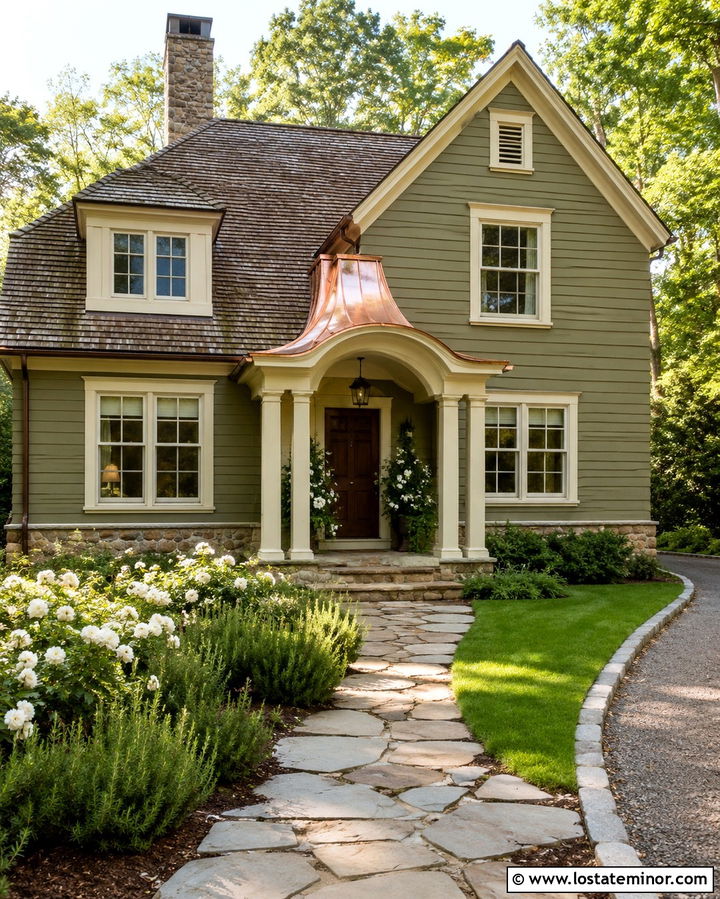 Olive Green Cottage House With Copper Portico - 30 Olive Green House Design With Portico Ideas