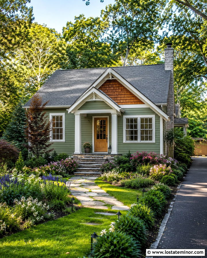 Olive Green Cottage House With Gabled Front Porch - 30 Olive Green House Design With Front Porch Ideas