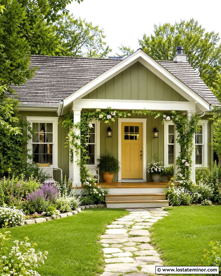Olive Green Cottage House With Yellow Front Porch Door - 30 Olive Green House Design With Front Porch Ideas