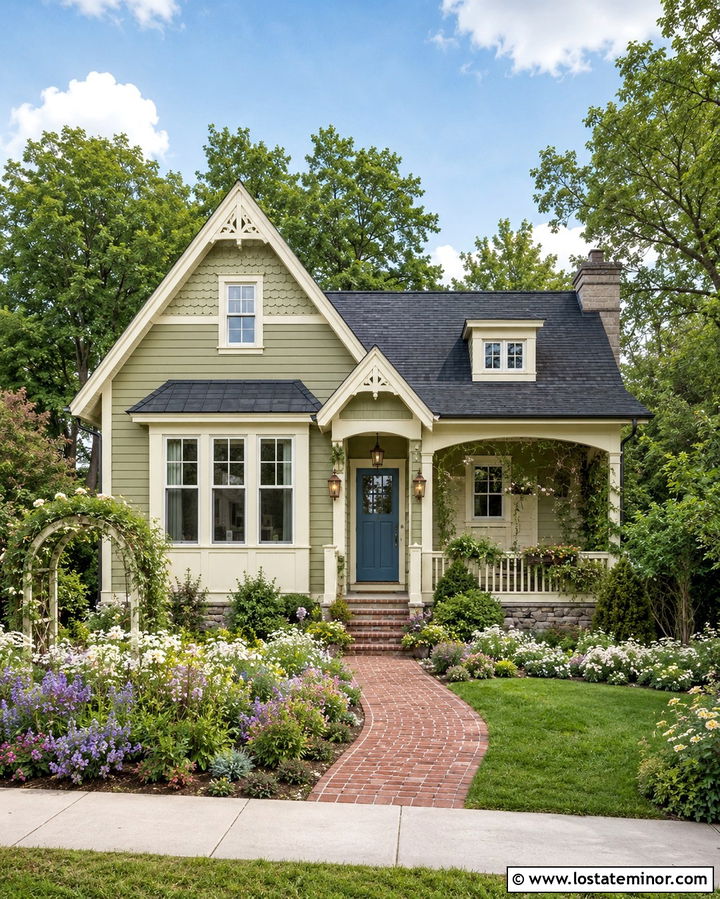 Olive Green Cottage Siding With Flower Beds - 30 Olive Green House Design With Siding Ideas
