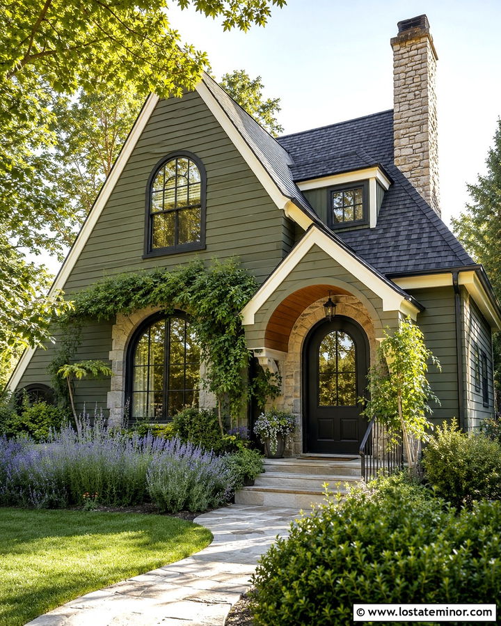 Olive Green Cottage With Arched Black Windows - 30 Olive Green House Design With Window Frames Ideas