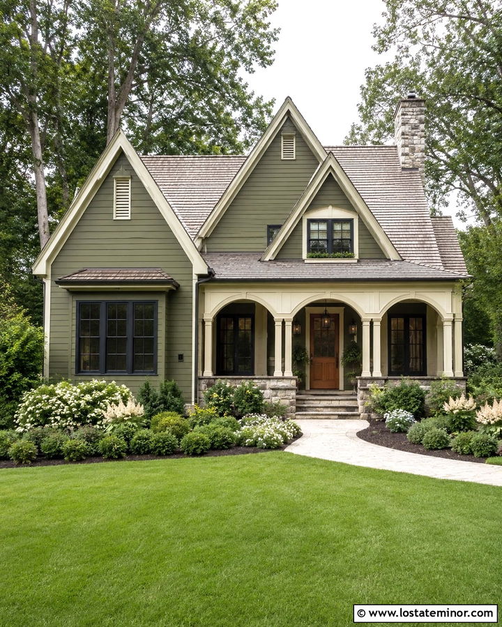 Olive Green Cottage With Arched Porch Columns - 30 Olive Green House Design With Porch Columns Ideas