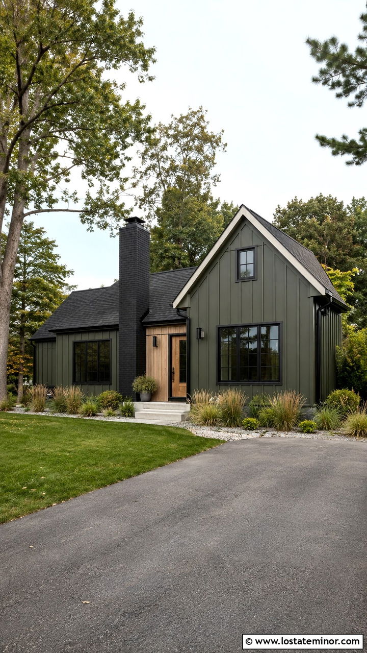 Olive Green Cottage With Black Roof And Chimney - 30 Olive Green House Design With Chimney Ideas