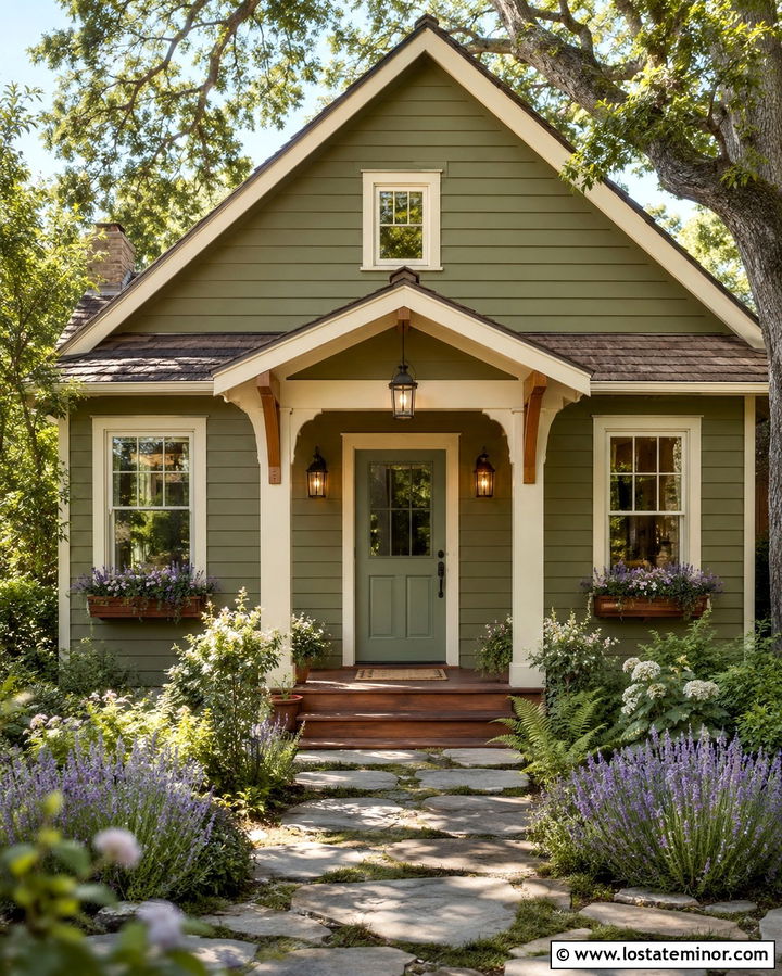 Olive Green Cottage With Bronze Pendant Light - 30 Olive Green House Design With Light Fixtures Ideas