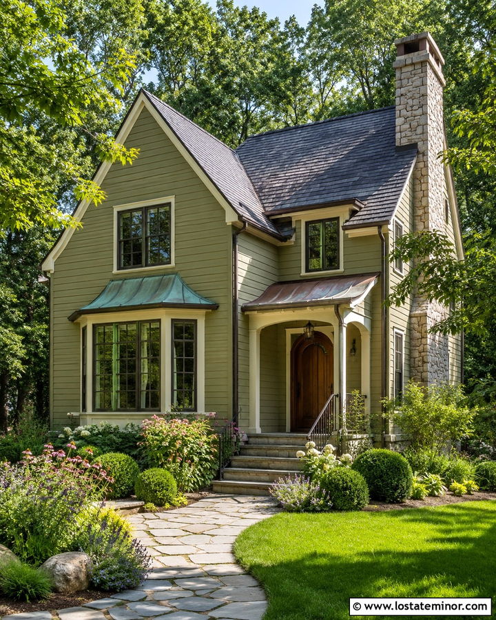 Olive Green Cottage With Bronze Windows And Copper Roof - 30 Olive Green House Design With Window Frames Ideas