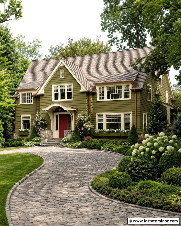 Olive Green Cottage With Cobblestone Driveway - 30 Olive Green House Design With Driveway Ideas