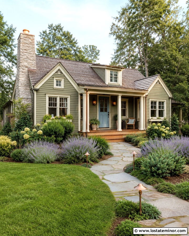 Olive Green Cottage With Copper Path Lights - 30 Olive Green House Design With Light Fixtures Ideas