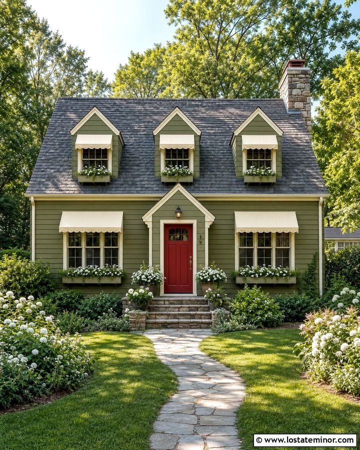 Olive Green Cottage With Cream Window Awnings - 30 Olive Green House Design With Awning Ideas