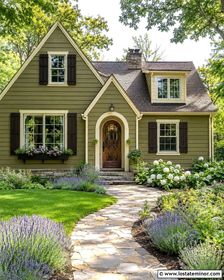 Olive Green Cottage With Cream Window Frames - 30 Olive Green House Design With Window Frames Ideas