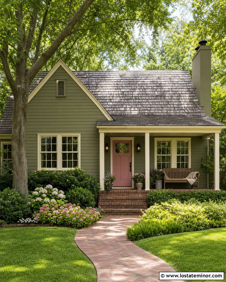Olive Green Cottage With Dusty Rose Door - 30 Olive Green House Design With Accents Ideas