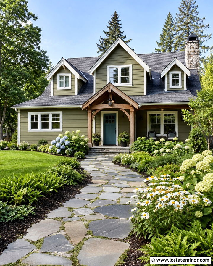 Olive Green Cottage With Flagstone Walkway - 30 Olive Green House Design With Walkway Ideas