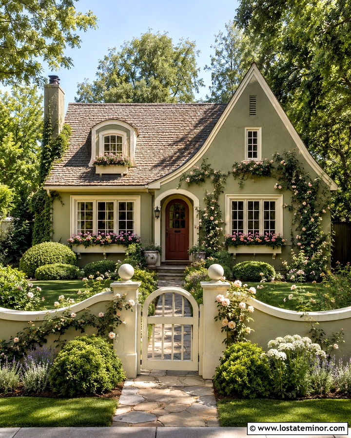 Olive Green Cottage With Garden Fence - 30 Olive Green House Design With Fence Ideas