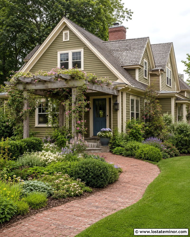 Olive Green Cottage With Garden Pergola - 30 Olive Green House Design With Pergola Ideas
