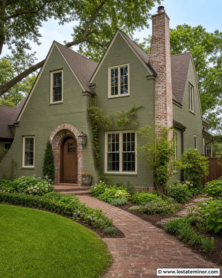 Olive Green Cottage With German Schmear Brick - 30 Olive Green House Design With Brick Accents Ideas