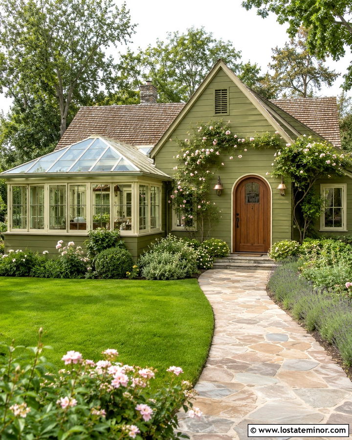 Olive Green Cottage With Glass Roof Sunroom - 30 Olive Green House Design With Sunroom Ideas