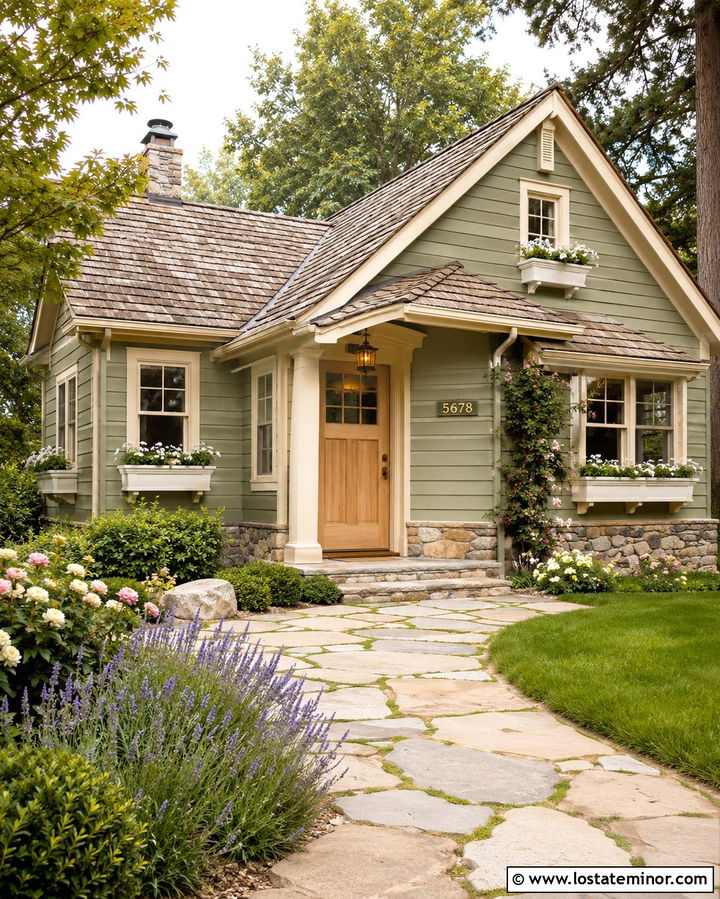 Olive Green Cottage With Gold House Numbers - 30 Olive Green House Design With House Numbers Ideas