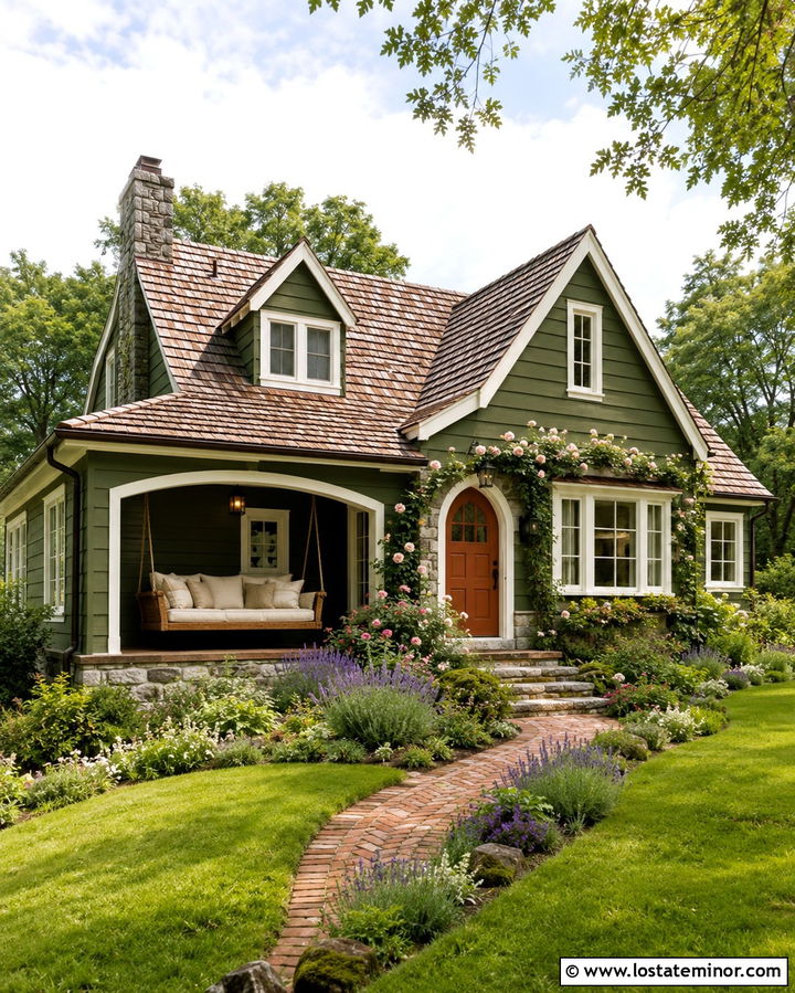 Olive Green Cottage With Hanging Daybed Swing - 30 Olive Green House Design With Swing Ideas