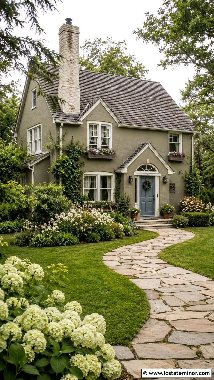 Olive Green Cottage With Limewashed Brick Chimney - 30 Olive Green House Design With Chimney Ideas