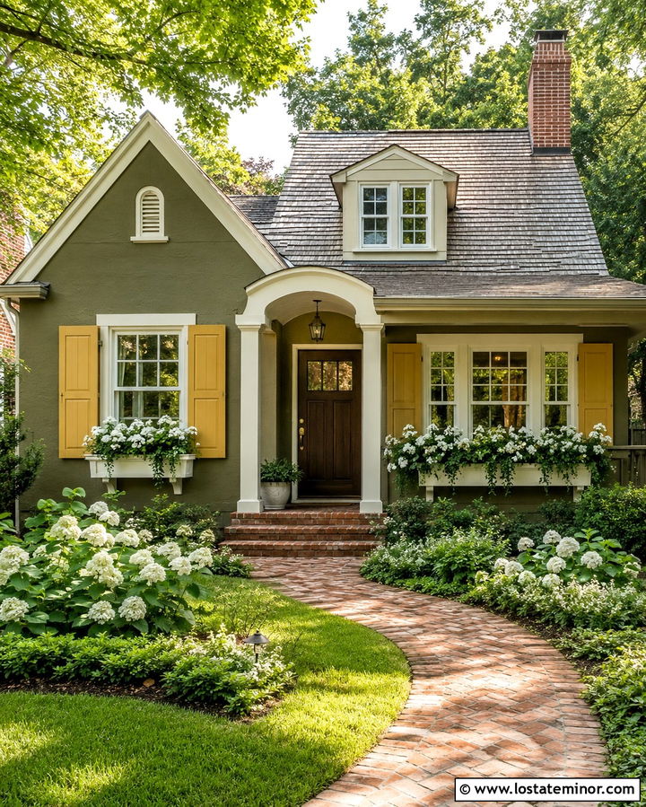 Olive Green Cottage With Mustard Shutters - 30 Olive Green House Design With Shutters Ideas