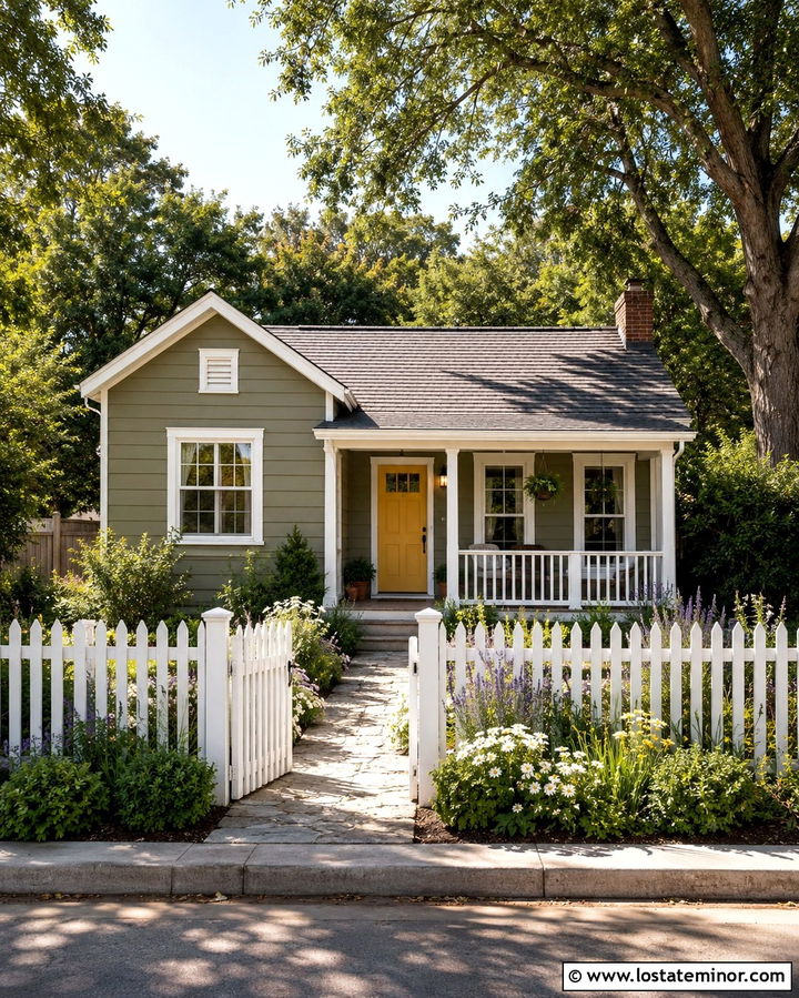 Olive Green Cottage With Picket Fence - 30 Olive Green House Design With Front Yard Ideas