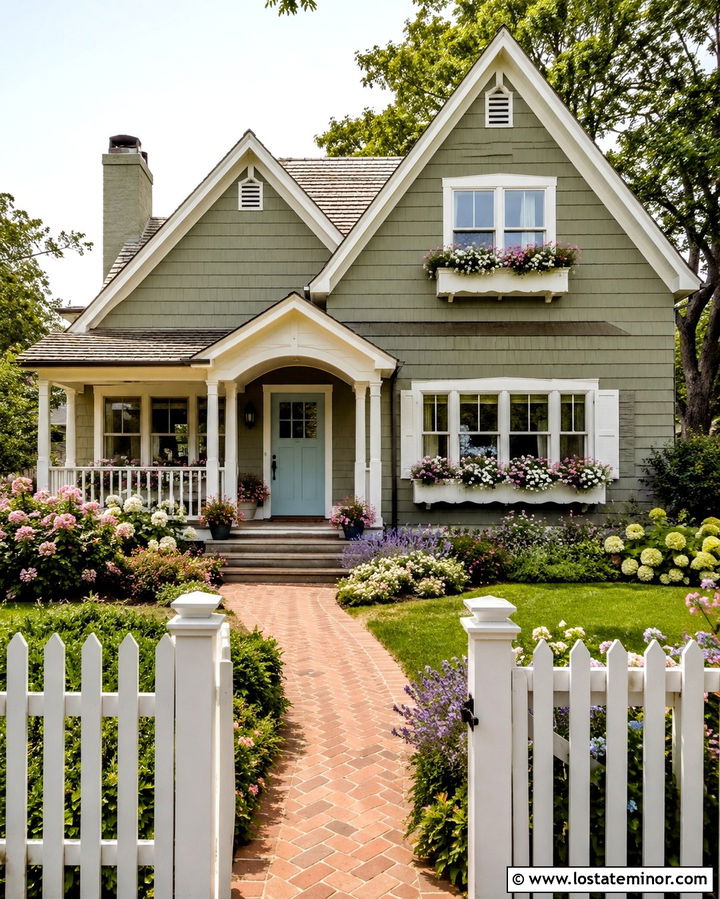 Olive Green Cottage With Scalloped Window Boxes - 30 Olive Green House Design With Window Boxes Ideas