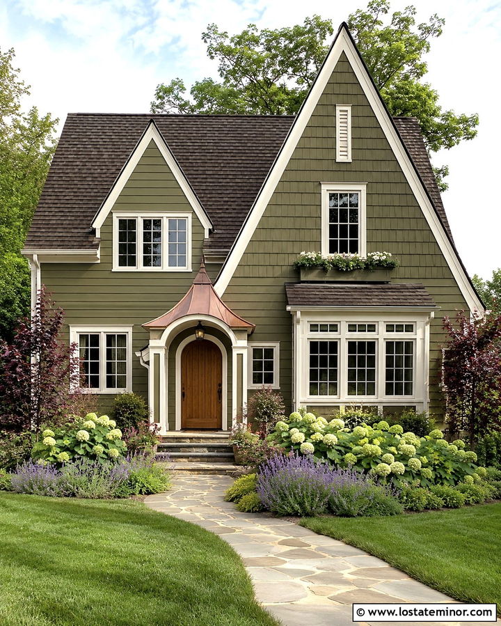 Olive Green Cottage With Steep Gables - 30 Olive Green House Design With Gables Ideas