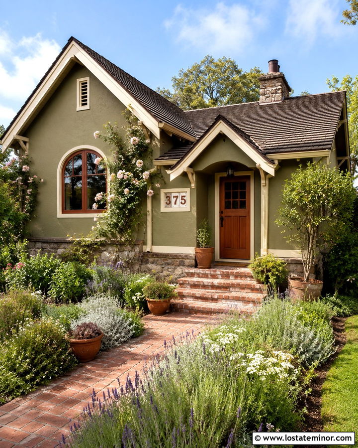 Olive Green Cottage With Terracotta Tile Numbers - 30 Olive Green House Design With House Numbers Ideas