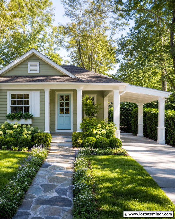 Olive Green Cottage With White Carport - 30 Olive Green House Design With Carport Ideas