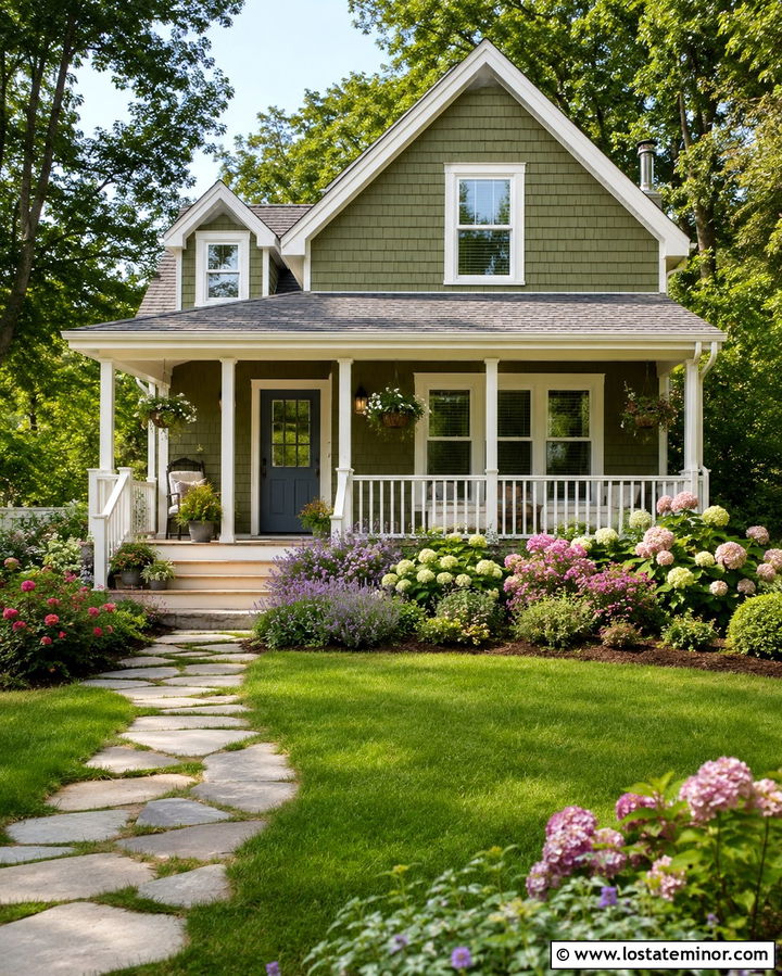 Olive Green Cottage With White Deck Railing - 30 Olive Green House Design With Deck Ideas