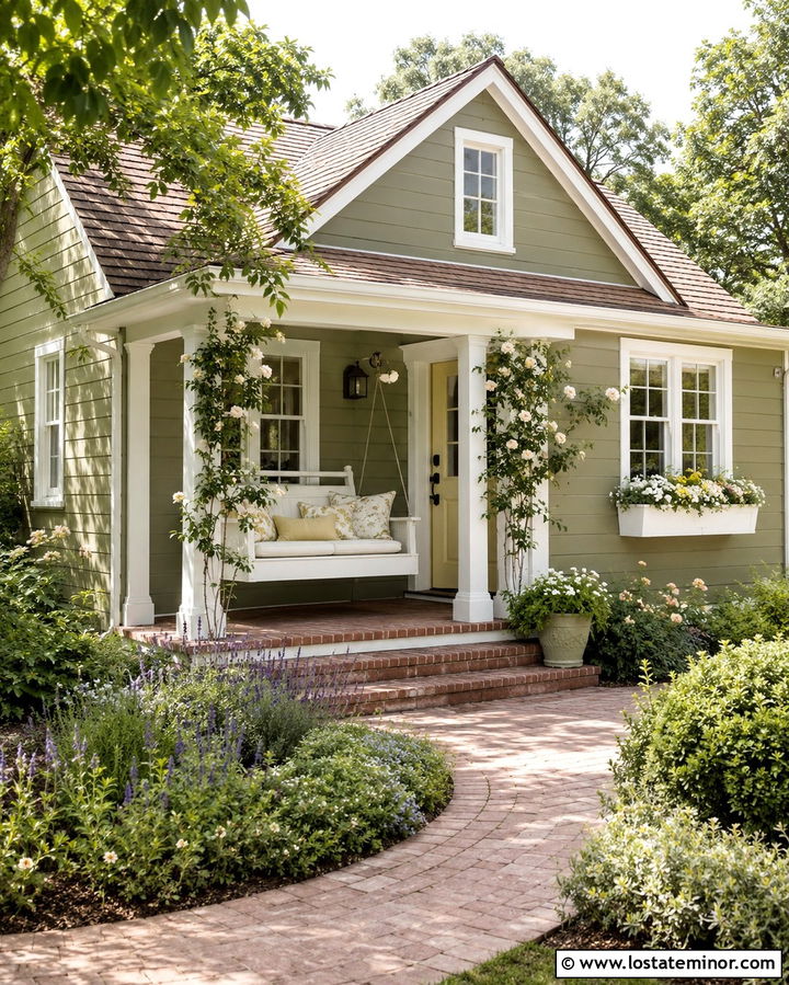 Olive Green Cottage With White Hanging Daybed - 30 Olive Green House Design With Daybed Ideas