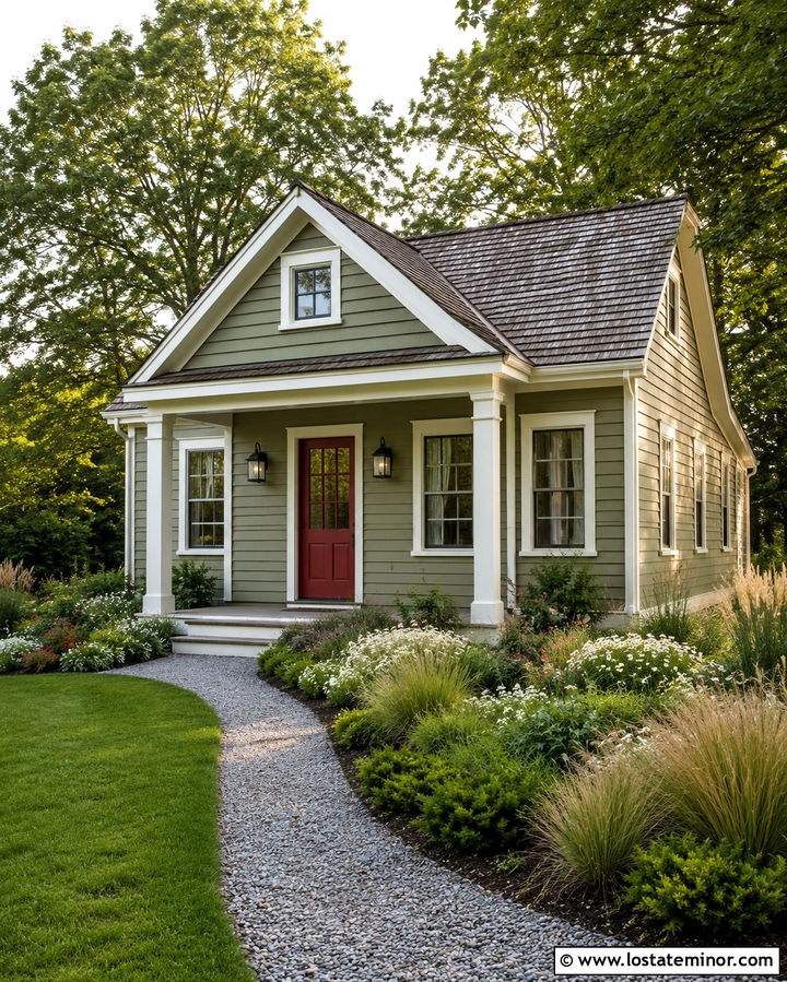 Olive Green Cottage With Wildflower Garden - 30 Olive Green House Design With Landscaping Ideas