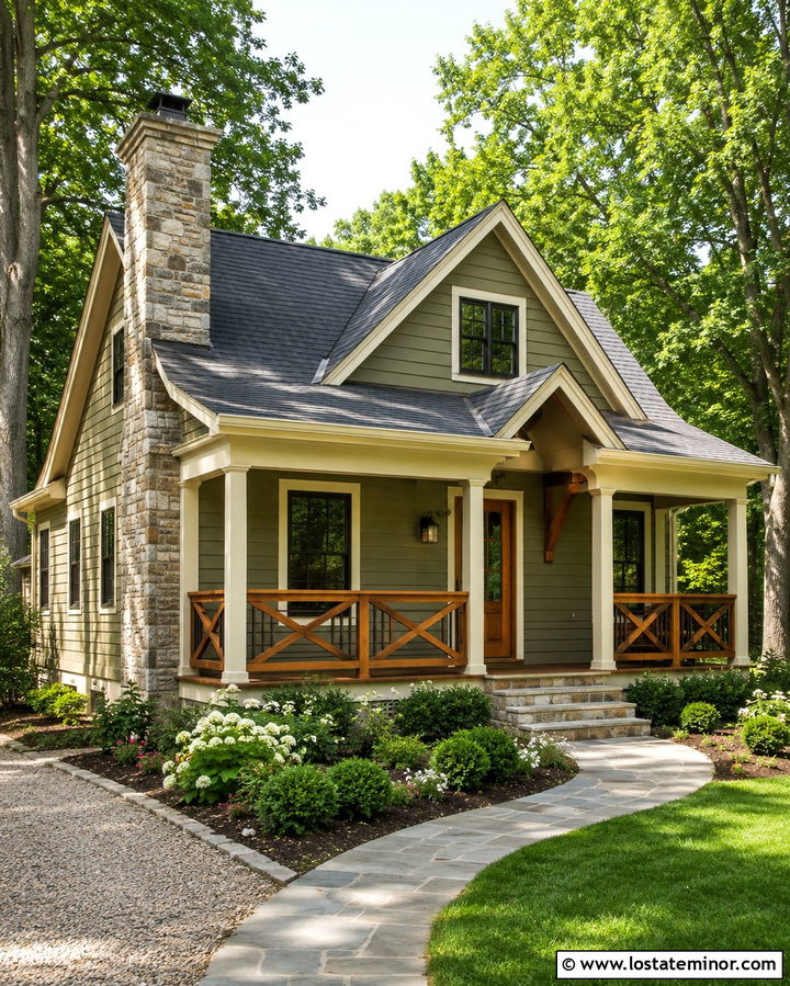 Olive Green Cottage With Wood Cross Railings - 30 Olive Green House Design With Railings Ideas