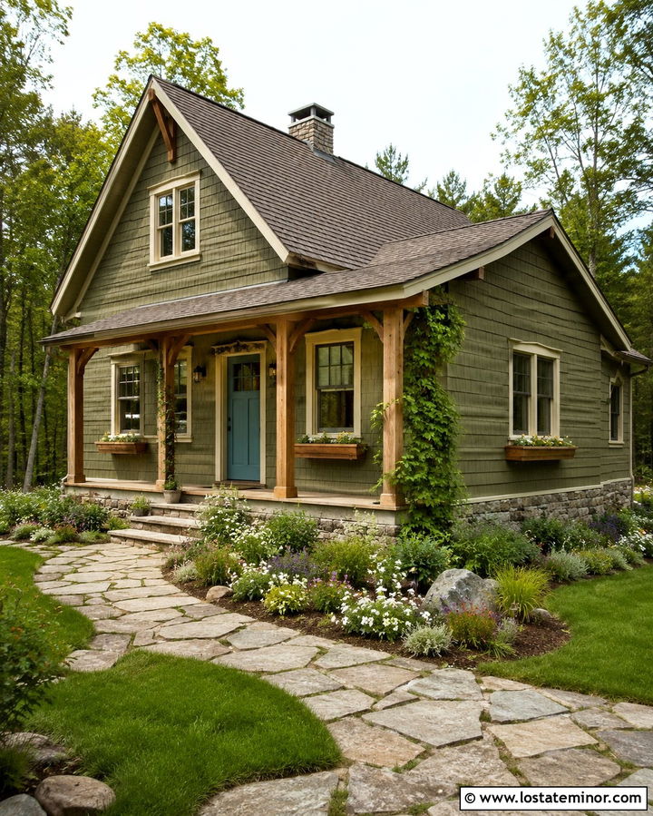 Olive Green Cottage With Wood Porch Columns - 30 Olive Green House Design With Porch Columns Ideas