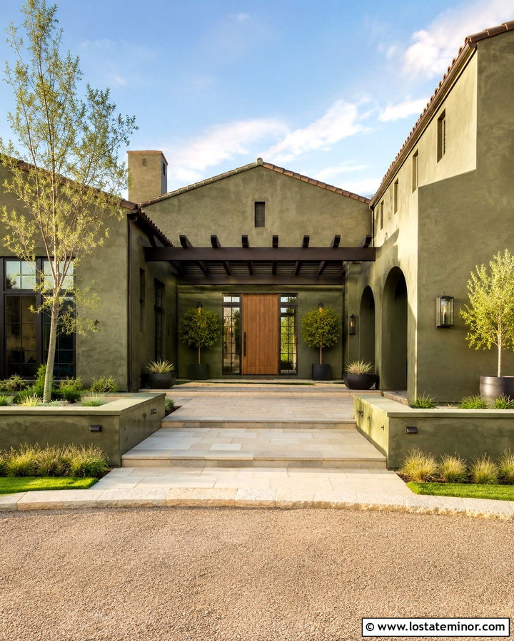 Olive Green Courtyard House With Pergola - 30 Olive Green House Design With Pergola Ideas