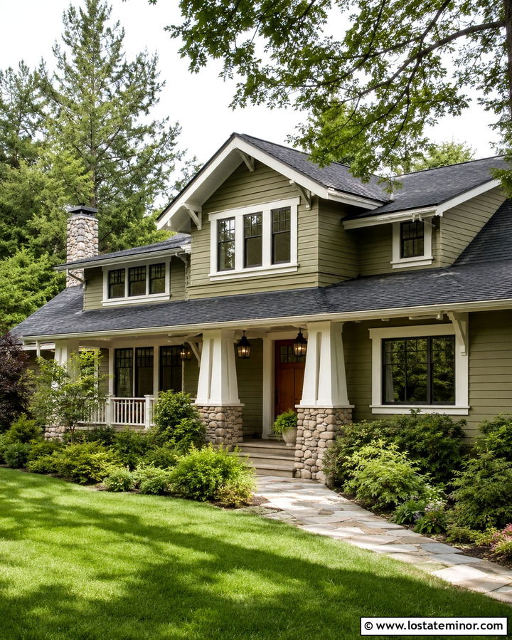 Olive Green Craftsman House With Black Lanterns - 30 Olive Green House Design With Light Fixtures Ideas
