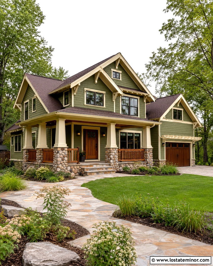 Olive Green Craftsman House With Cedar Railings - 30 Olive Green House Design With Railings Ideas