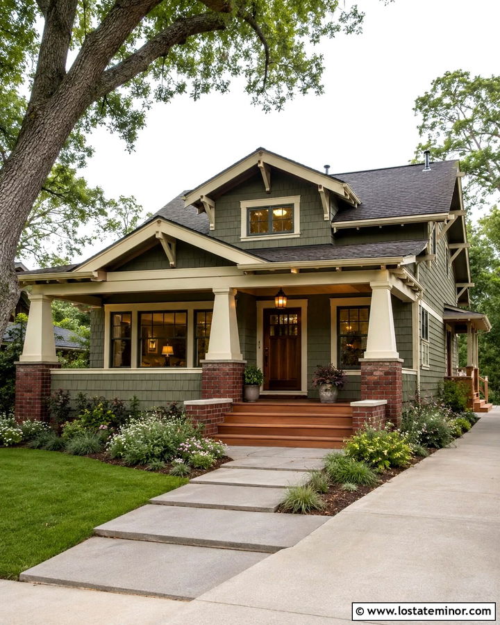 Olive Green Craftsman House With Cream Porch Trim - 30 Olive Green House Design With Front Porch Ideas