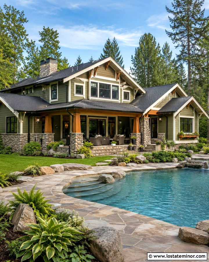 Olive Green Craftsman House With Freeform Pool - 30 Olive Green House Design With Swimming Pool Ideas