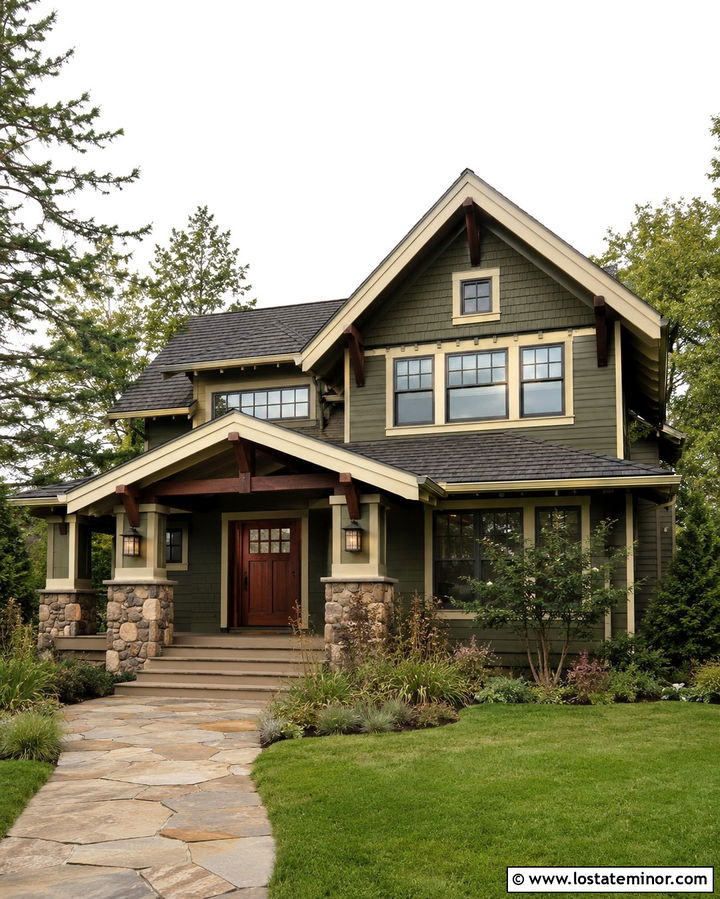 Olive Green Craftsman House With Mission Lights - 30 Olive Green House Design With Light Fixtures Ideas