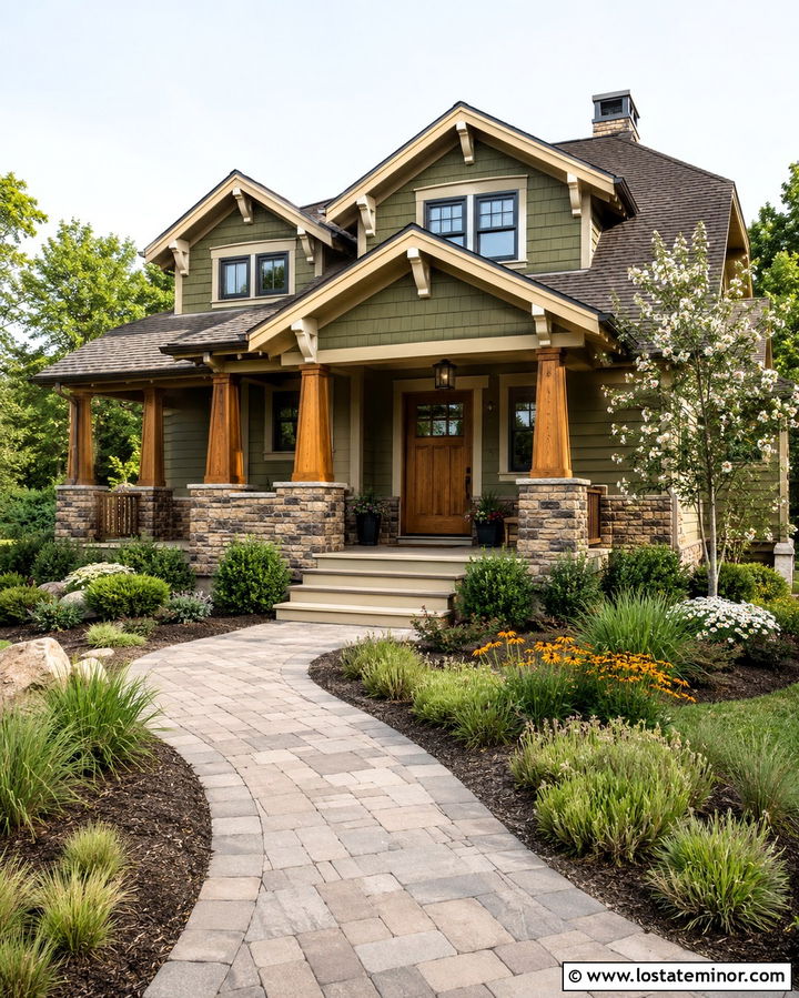 Olive Green Craftsman House With Native Plants - 30 Olive Green House Design With Front Yard Ideas