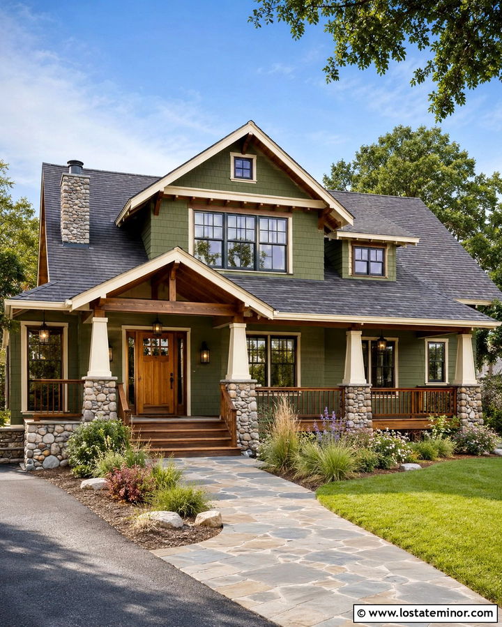Olive Green Craftsman House With Stone Porch Columns - 30 Olive Green House Design With Front Porch Ideas