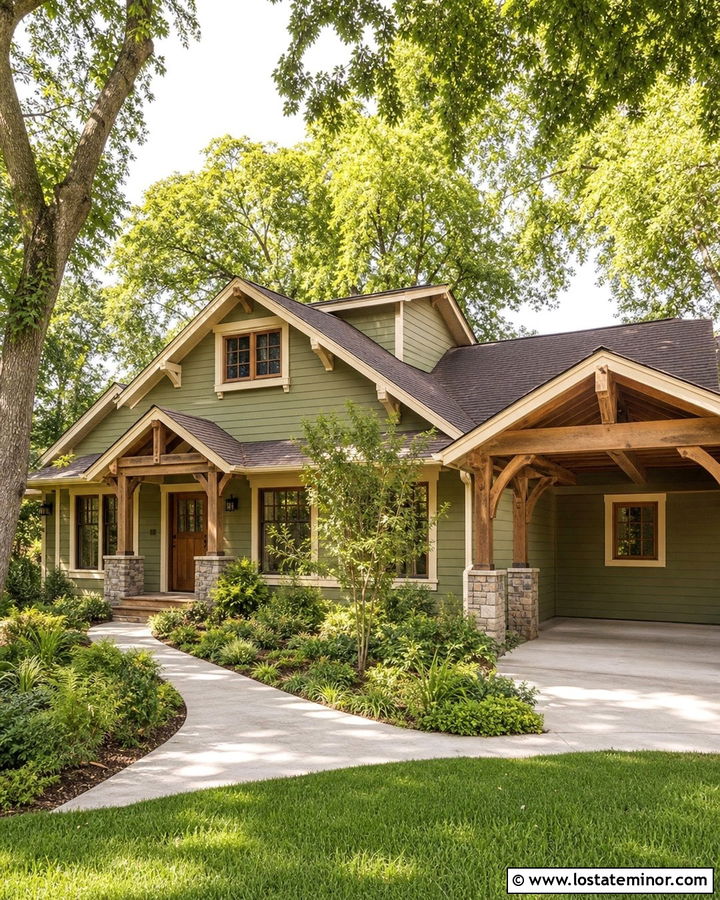 Olive Green Craftsman House With Timber Carport - 30 Olive Green House Design With Carport Ideas
