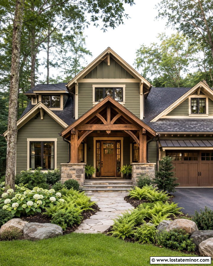 Olive Green Craftsman House With Timber Portico - 30 Olive Green House Design With Portico Ideas
