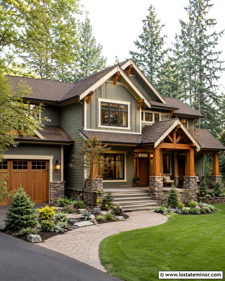 Olive Green Craftsman Siding With Cedar Columns - 30 Olive Green House Design With Siding Ideas
