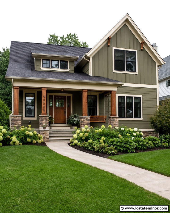 Olive Green Craftsman With Black Vertical House Numbers - 30 Olive Green House Design With House Numbers Ideas