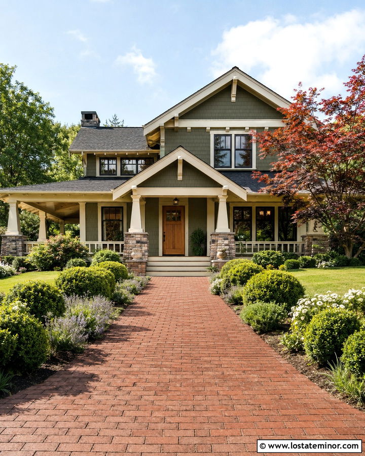 Olive Green Craftsman With Brick Driveway - 30 Olive Green House Design With Driveway Ideas
