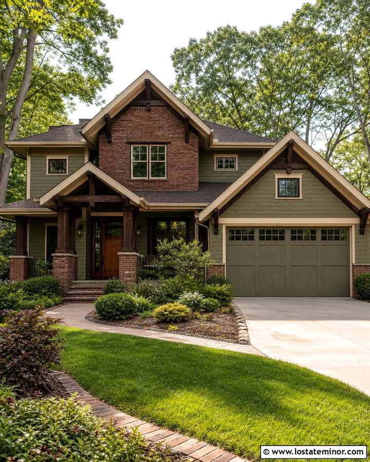 Olive Green Craftsman With Brick Gable - 30 Olive Green House Design With Brick Accents Ideas