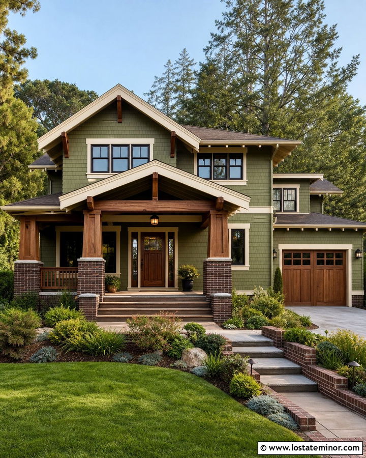 Olive Green Craftsman With Brown Brick - 30 Olive Green House Design With Brick Accents Ideas